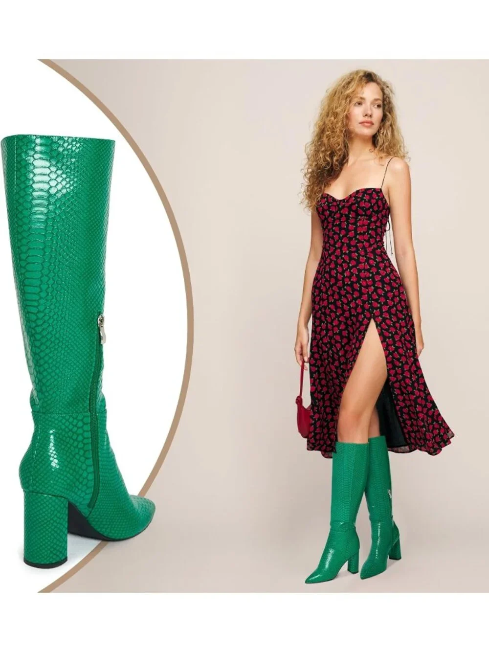 Women's Green Chunky Heel Pointed Toe Wide Calf Side Zipper Knee High Boots